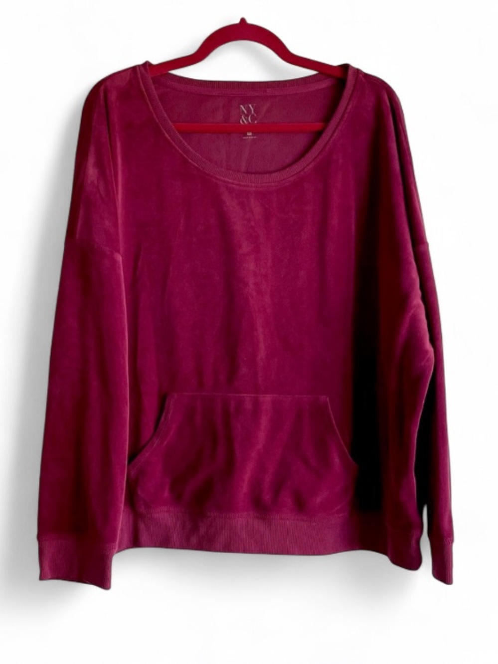New York & Company Burgundy Scoop Neck Velour Pocket Sweatshirt Size XXL